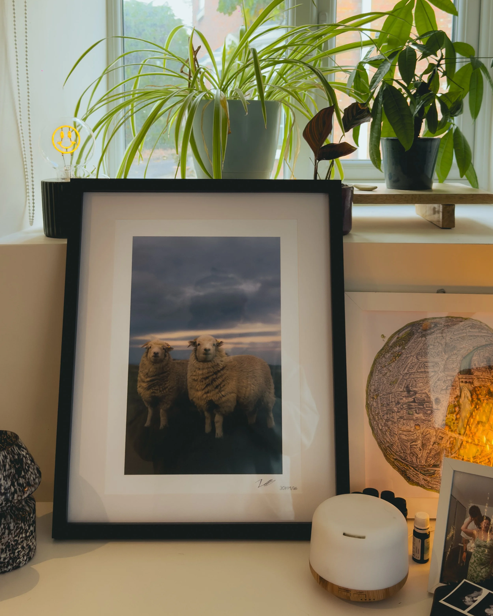 Two Best Friends print in a black frame on a customer's windowsill among plants