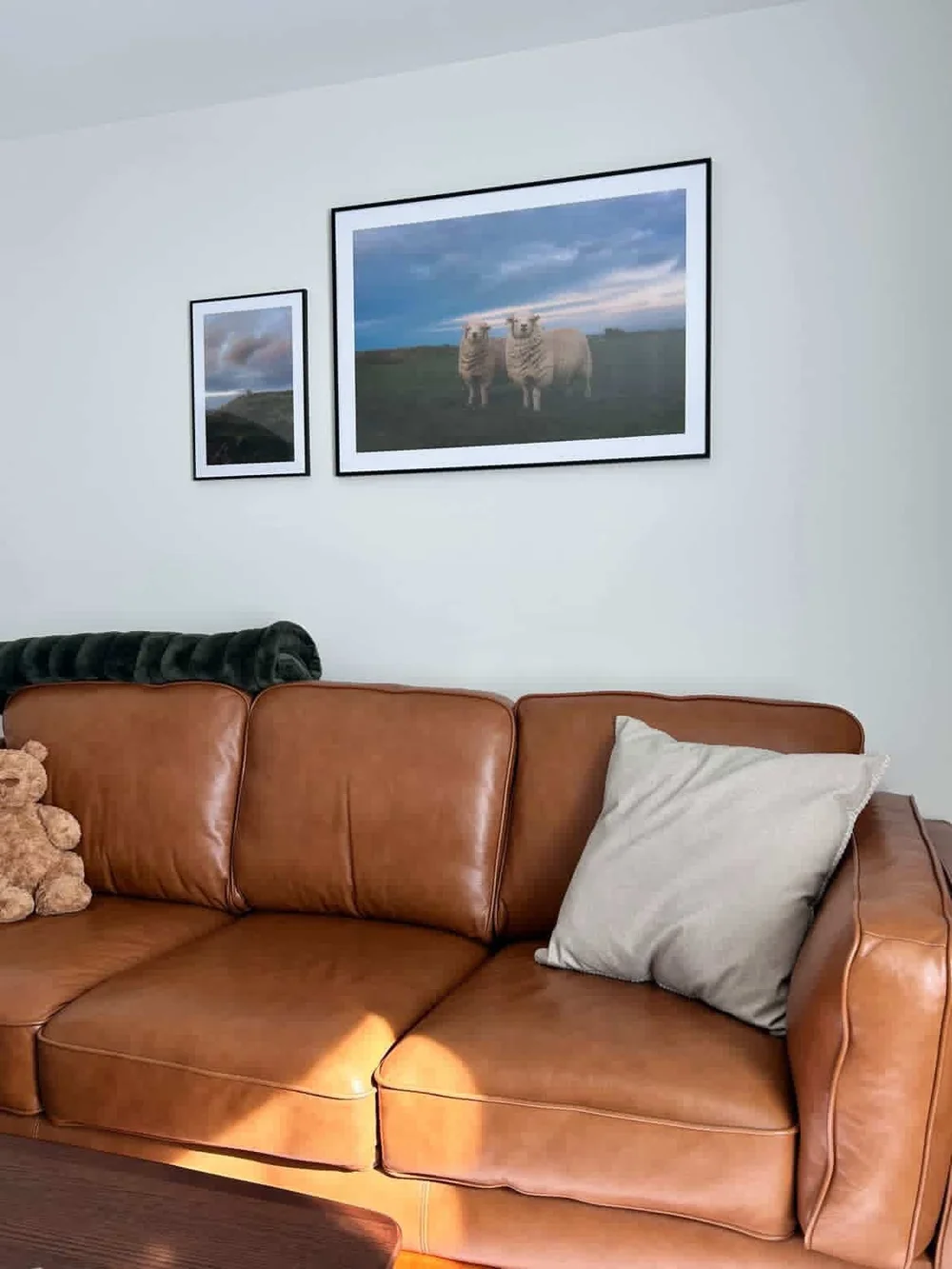 Two sheep prints hanging above a customer's leather sofa