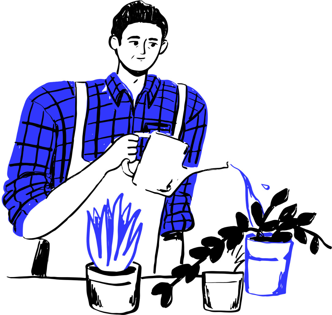 A drawing of a person wearing a checkered shirt and watering their plants.