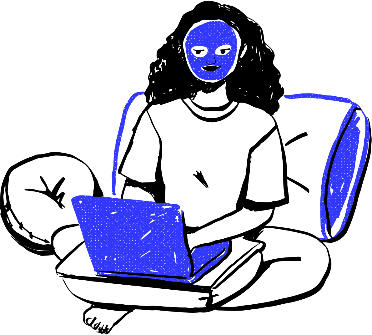 Person working on a laptop on their bed with a skincare mask covering their face.