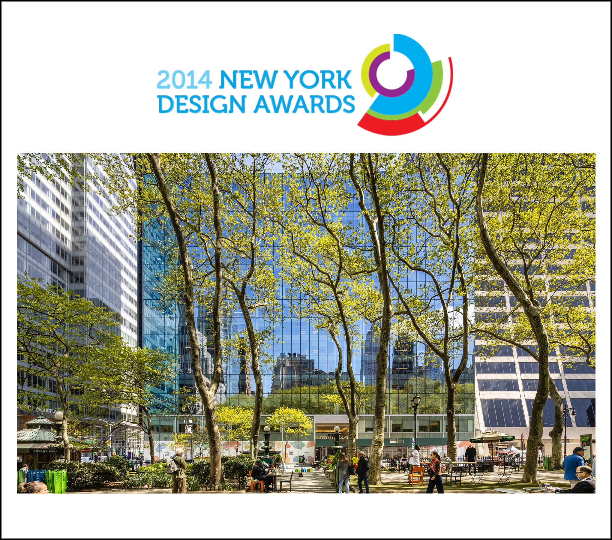 Nighttime city scene in New York with lit office buildings and a small kiosk in the foreground. Overlay text reads 'New York Design Awards 2022, Better Future, Gold'.