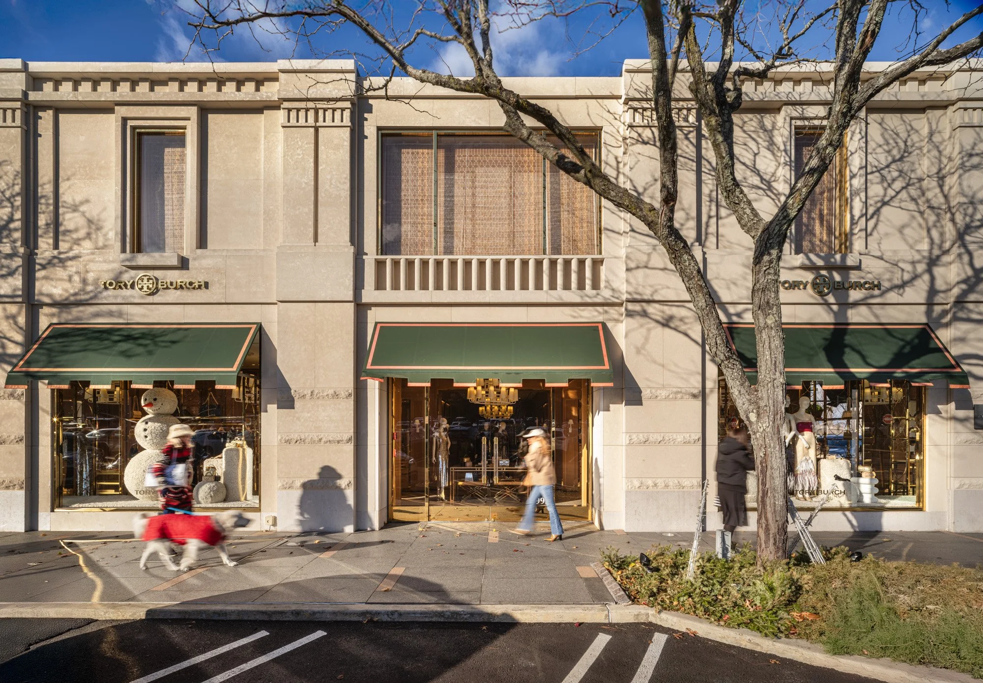 Luxury storefront facades at Americana Manhasset including Dior, David Yurman, Ralph Lauren, Fendi, Lafayette 148, Scanlan Theodore, LoveShackFancy and Todd Snyder — retail architectural photography across seasons by Pavel Bendov, Manhasset NY