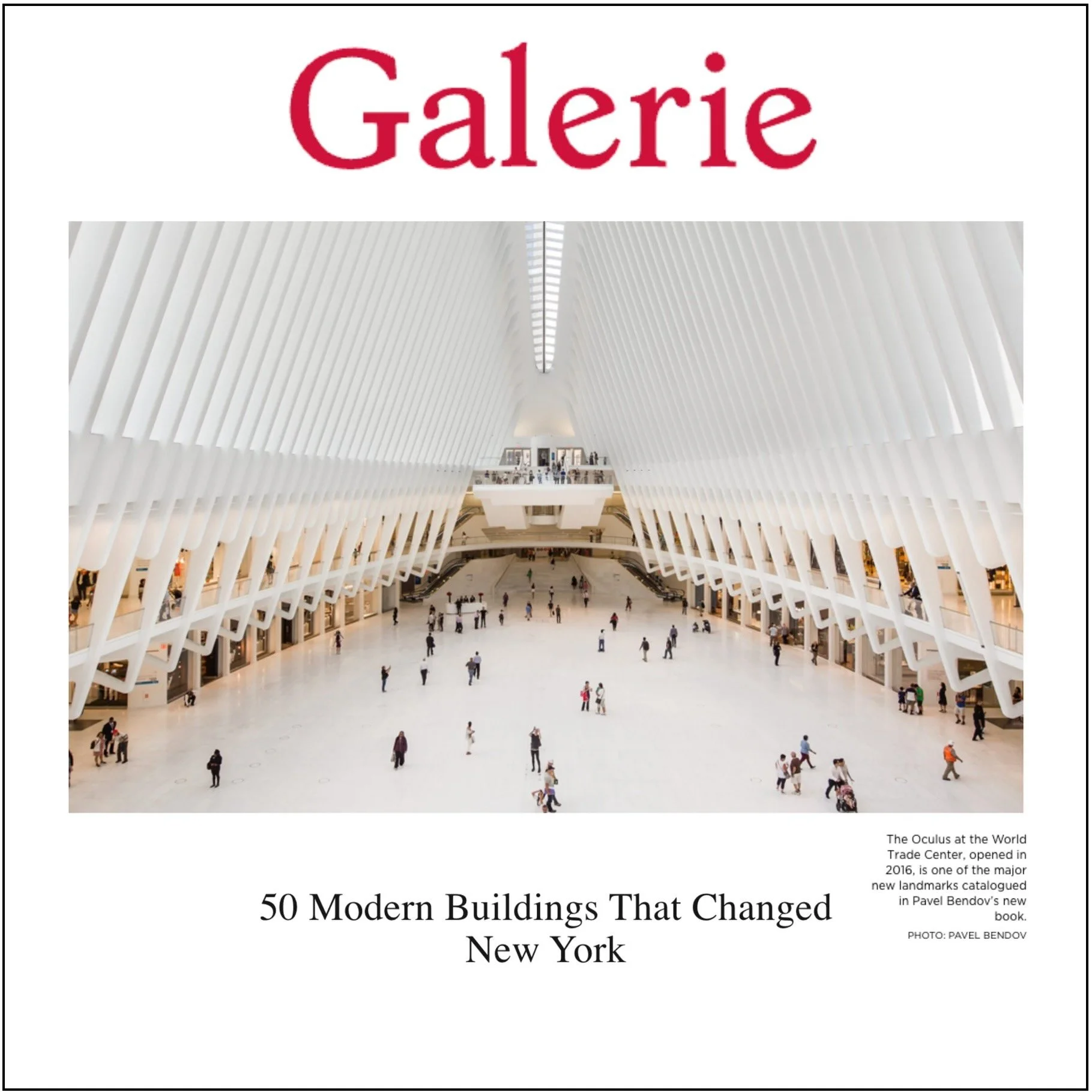 Cover of a book titled '50 Modern Buildings That Changed New York' with a photo of the Oculus, a modern white transportation hub in New York, featuring a spacious interior and people walking inside.