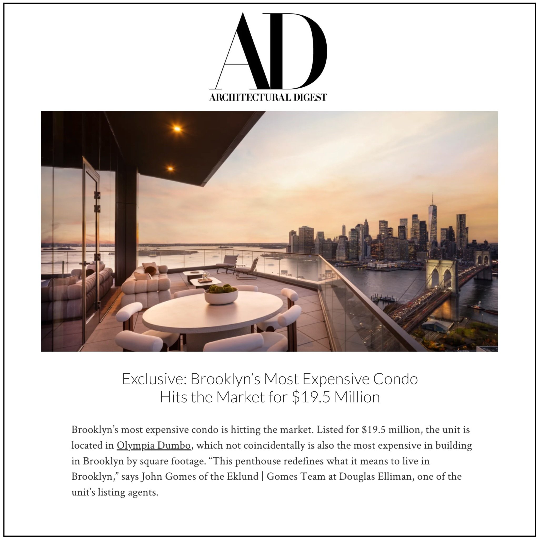 Penthouse at Olympia Dumbo featured in Architectural Digest