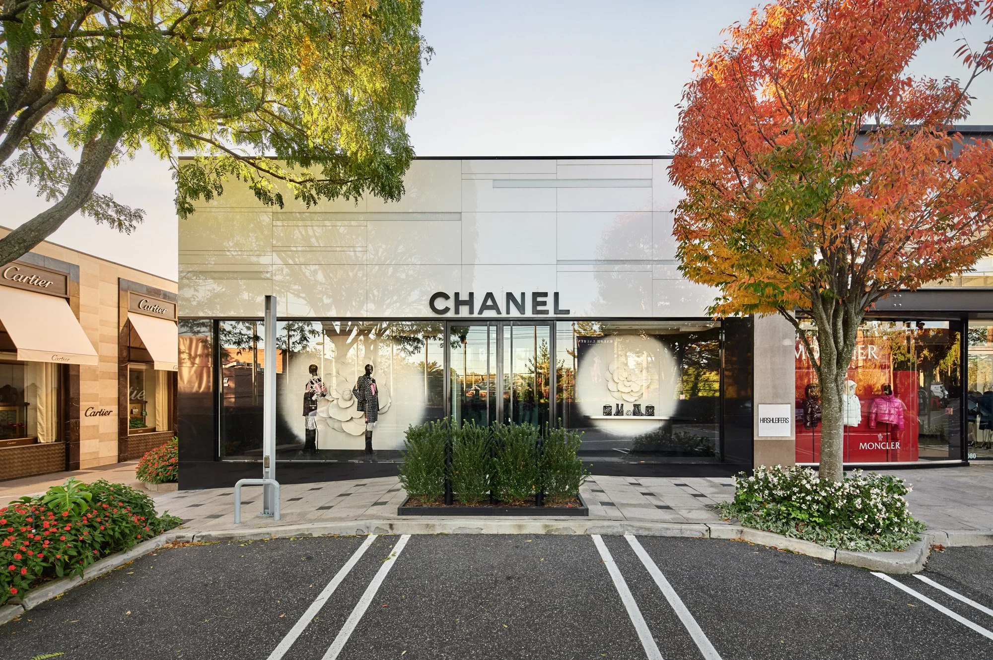 Luxury storefront facades at Americana Manhasset including Dior, David Yurman, Ralph Lauren, Fendi, Lafayette 148, Scanlan Theodore, LoveShackFancy and Todd Snyder — retail architectural photography across seasons by Pavel Bendov, Manhasset NY