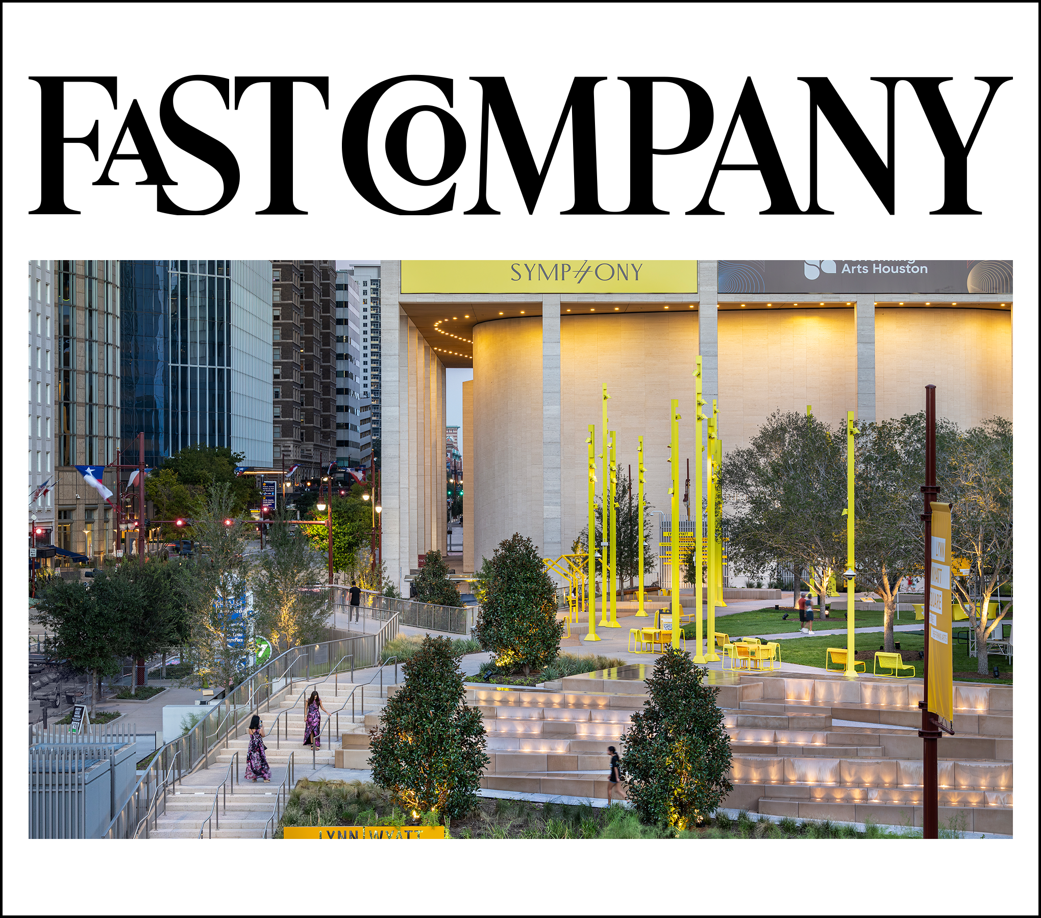 Cover page with an aerial view of a city park surrounded by tall modern skyscrapers. The cover has the title 'FAST COMPANY' at the top, a subtitle 'INNOVATION BY DESIGN 2024' at the bottom, and features a photo of a contemporary urban park with trees, walkways, and a small building.
