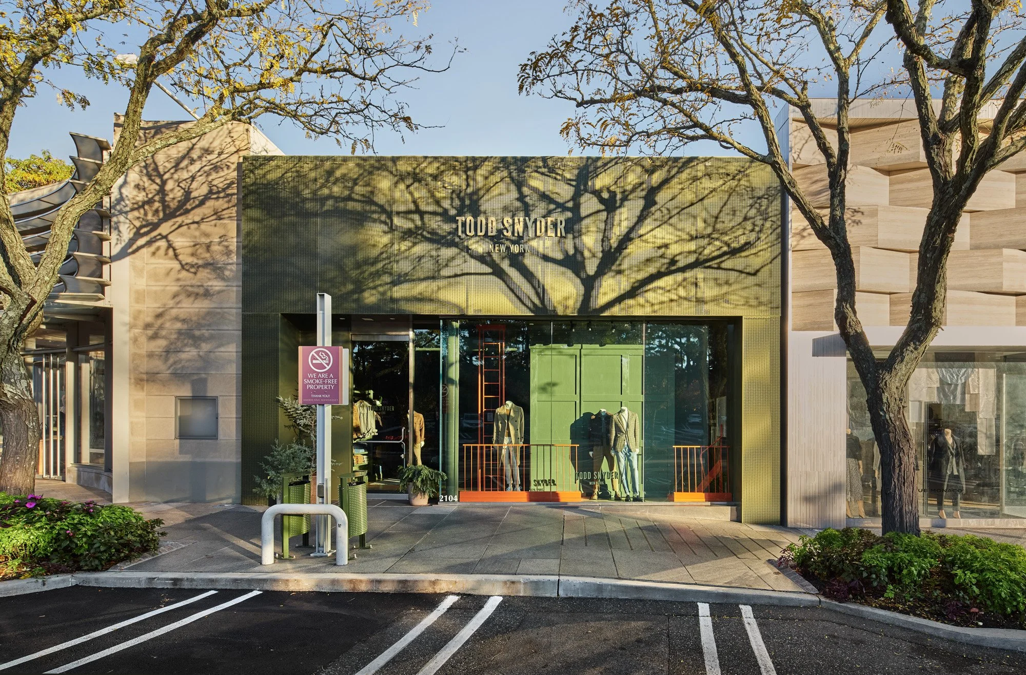 Luxury storefront facades at Americana Manhasset including Dior, David Yurman, Ralph Lauren, Fendi, Lafayette 148, Scanlan Theodore, LoveShackFancy and Todd Snyder — retail architectural photography across seasons by Pavel Bendov, Manhasset NY