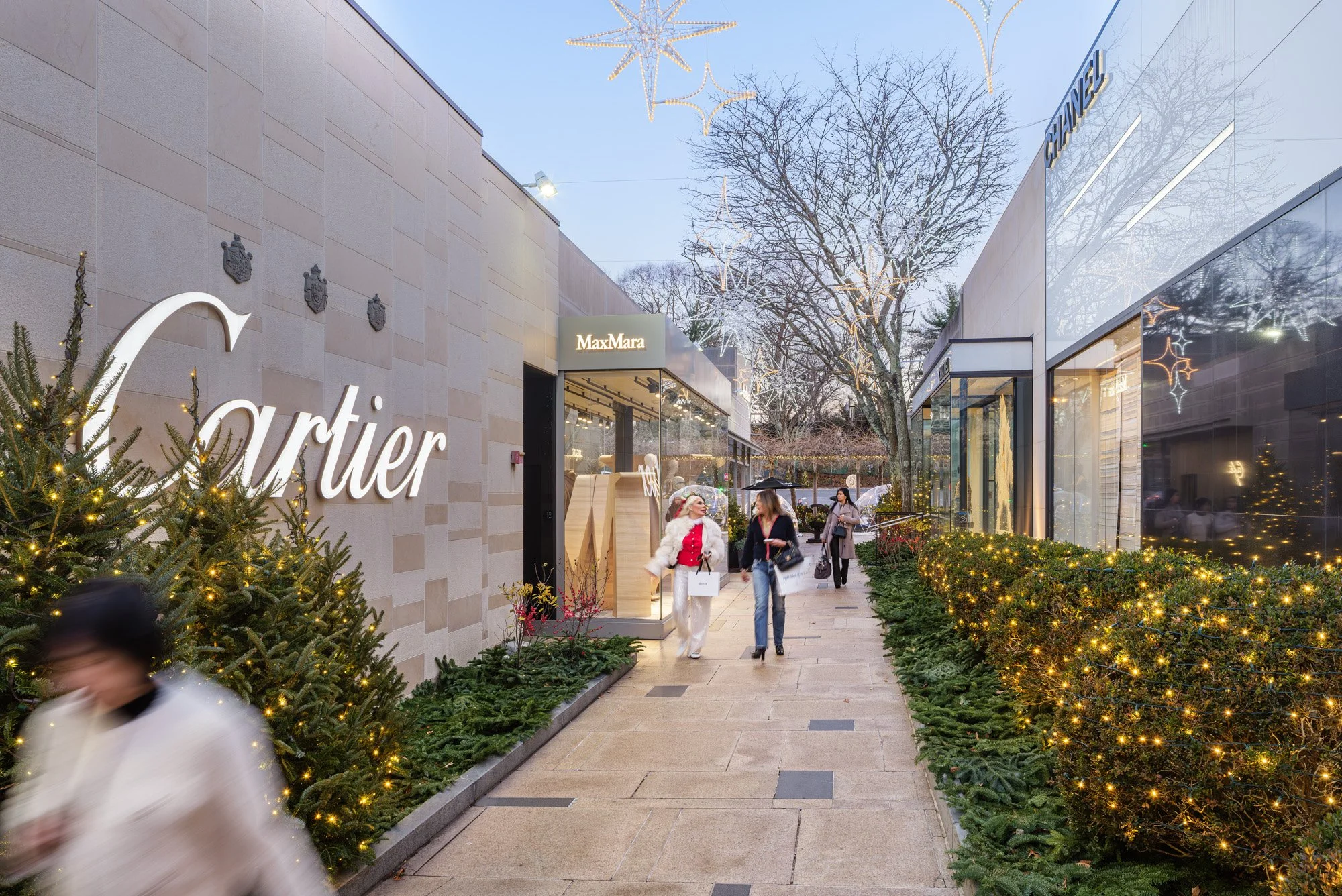 Shoppers at Americana Manhasset promenade and storefronts across seasons — Champions for Charity winter event, holiday lighting, and spring lifestyle photography, Long Island NY — Pavel Bendov Photography