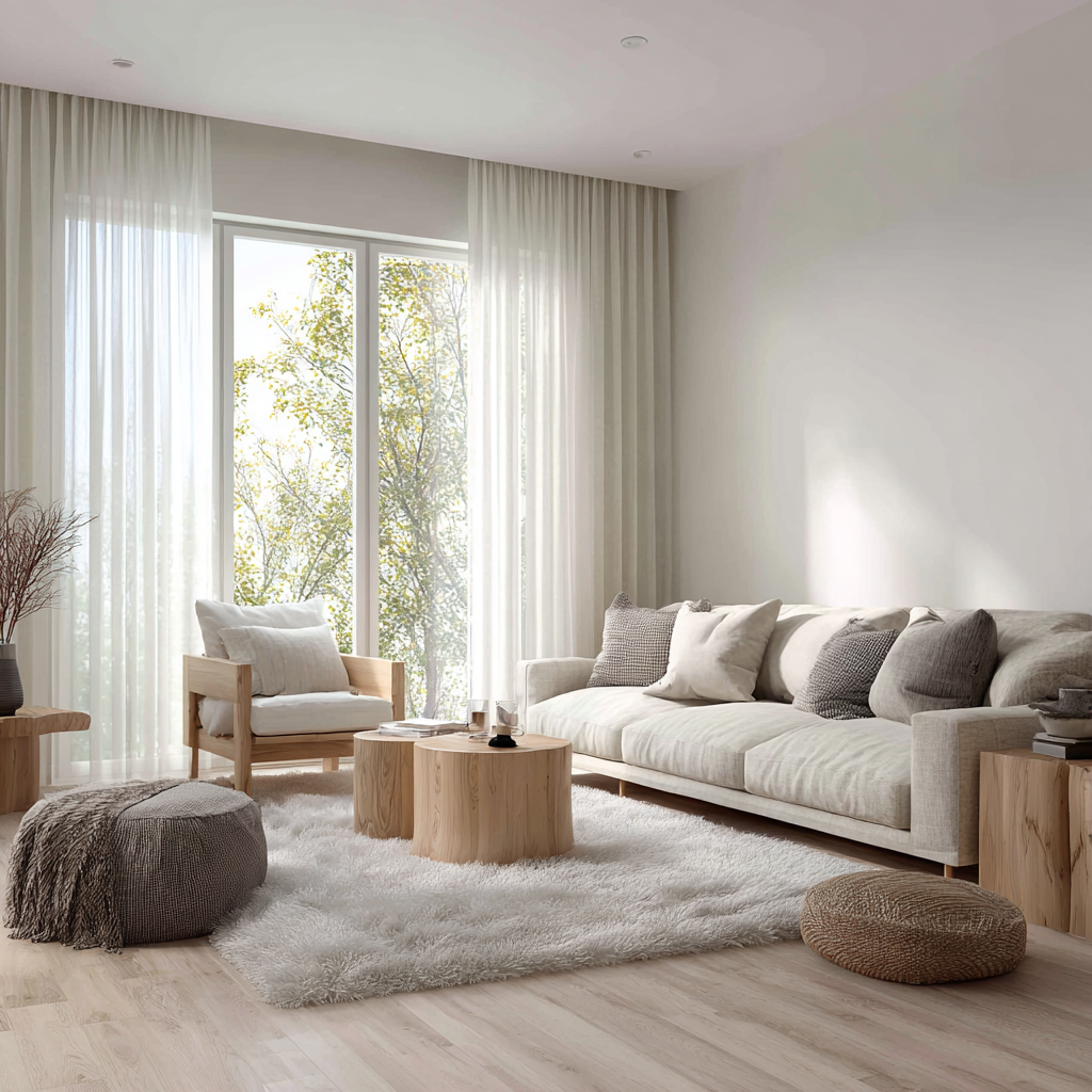 Living room with a large window, white curtains, white sofa with multiple pillows, a single armchair, two wooden coffee tables, a fluffy white rug, and poufs, with trees visible outside.