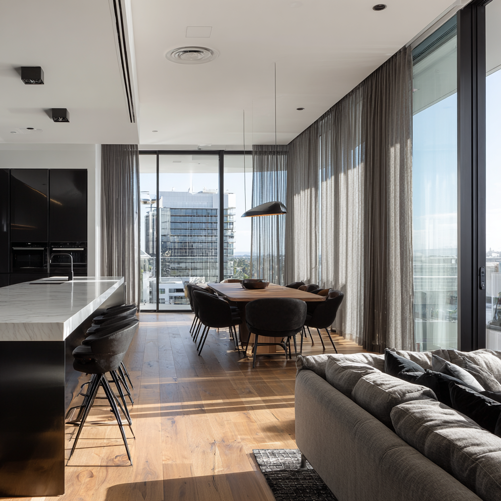 Modern living room and dining area with large windows, curtains, a gray sofa, black dining chairs around a wooden table, and a black pendant light.