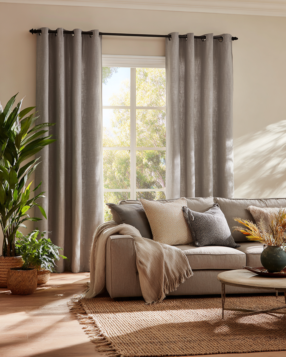 Living room with beige sofa, assorted throw pillows, a throw blanket, wooden coffee table, potted plants, a large window with gray eyelet curtains, and sunlight casting shadows on the wall.