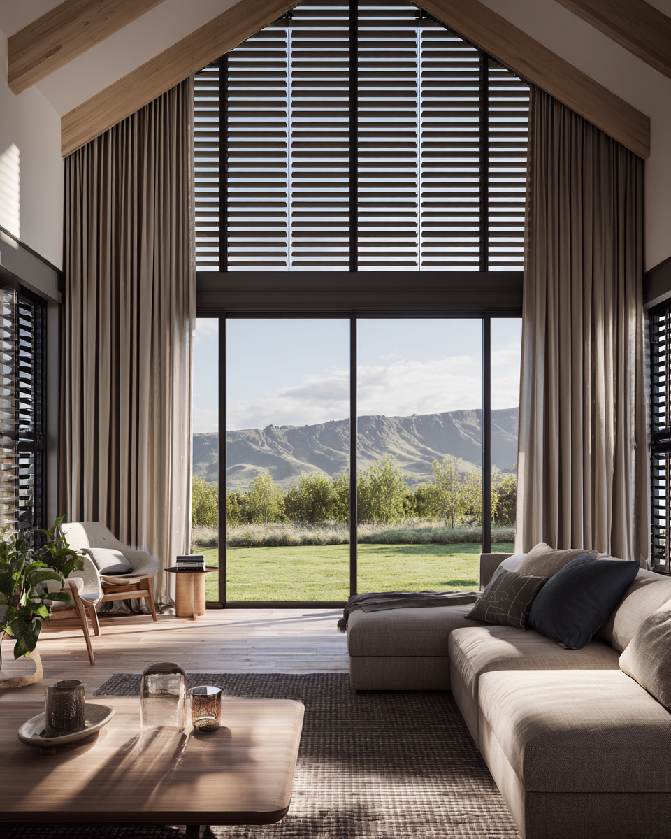 Living room with large floor-to-ceiling windows looking out to a mountain landscape, beige sectional sofa, armchair, wooden coffee table with candles, curtains, and wooden ceiling accents.