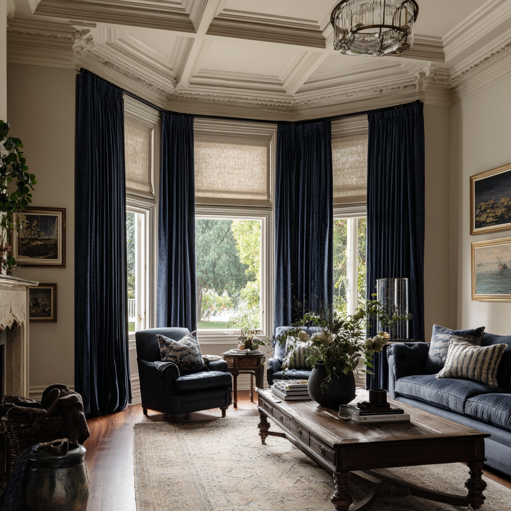 A cozy living room with large bay windows draped with dark blue curtains, a wooden coffee table with a floral arrangement, dark upholstered furniture, paintings on the walls, and a fireplace with decorative items.