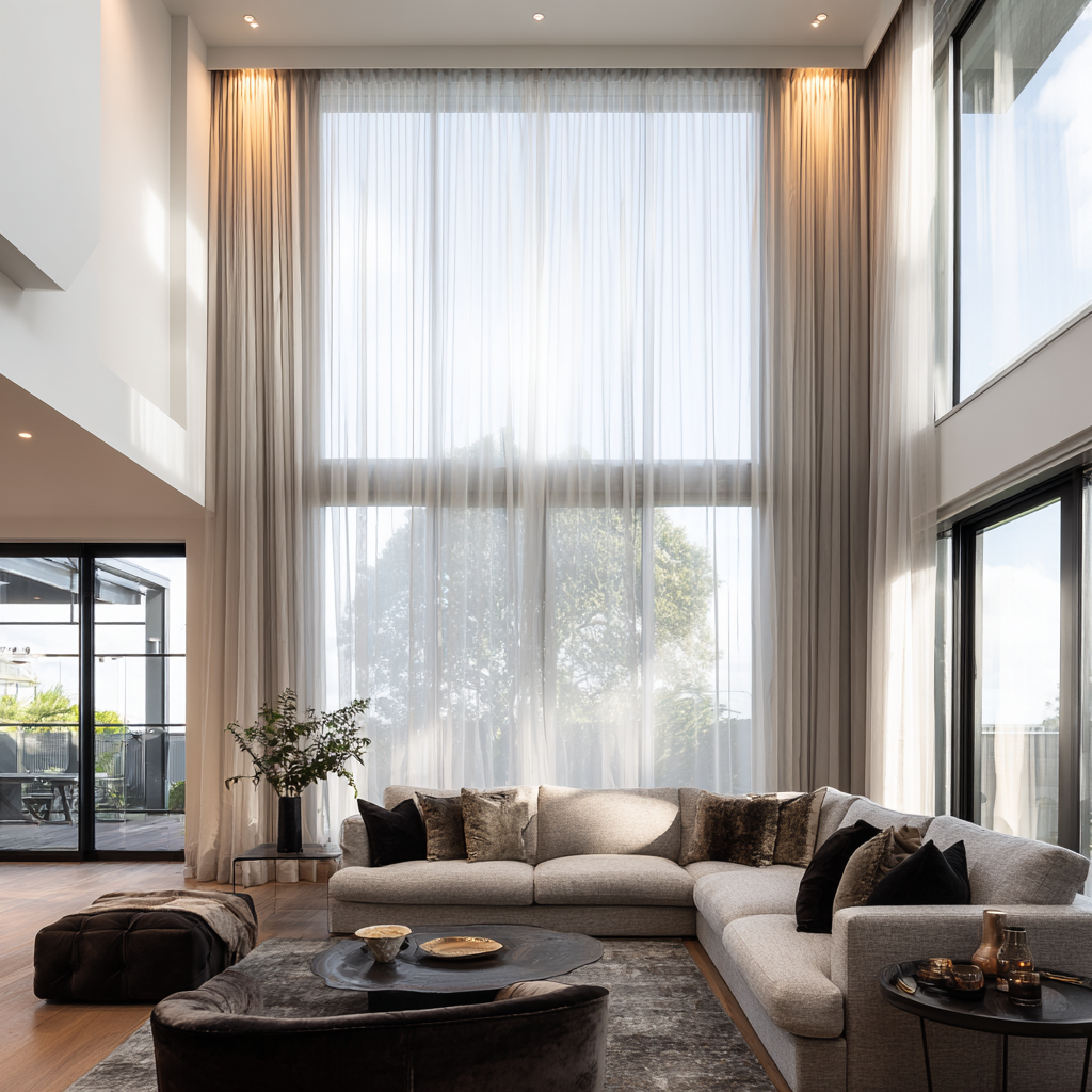Living room with large floor-to-ceiling windows with sheer curtains, light-colored sectional sofa with dark pillows, coffee table with decorative bowls, and a potted plant in the corner.