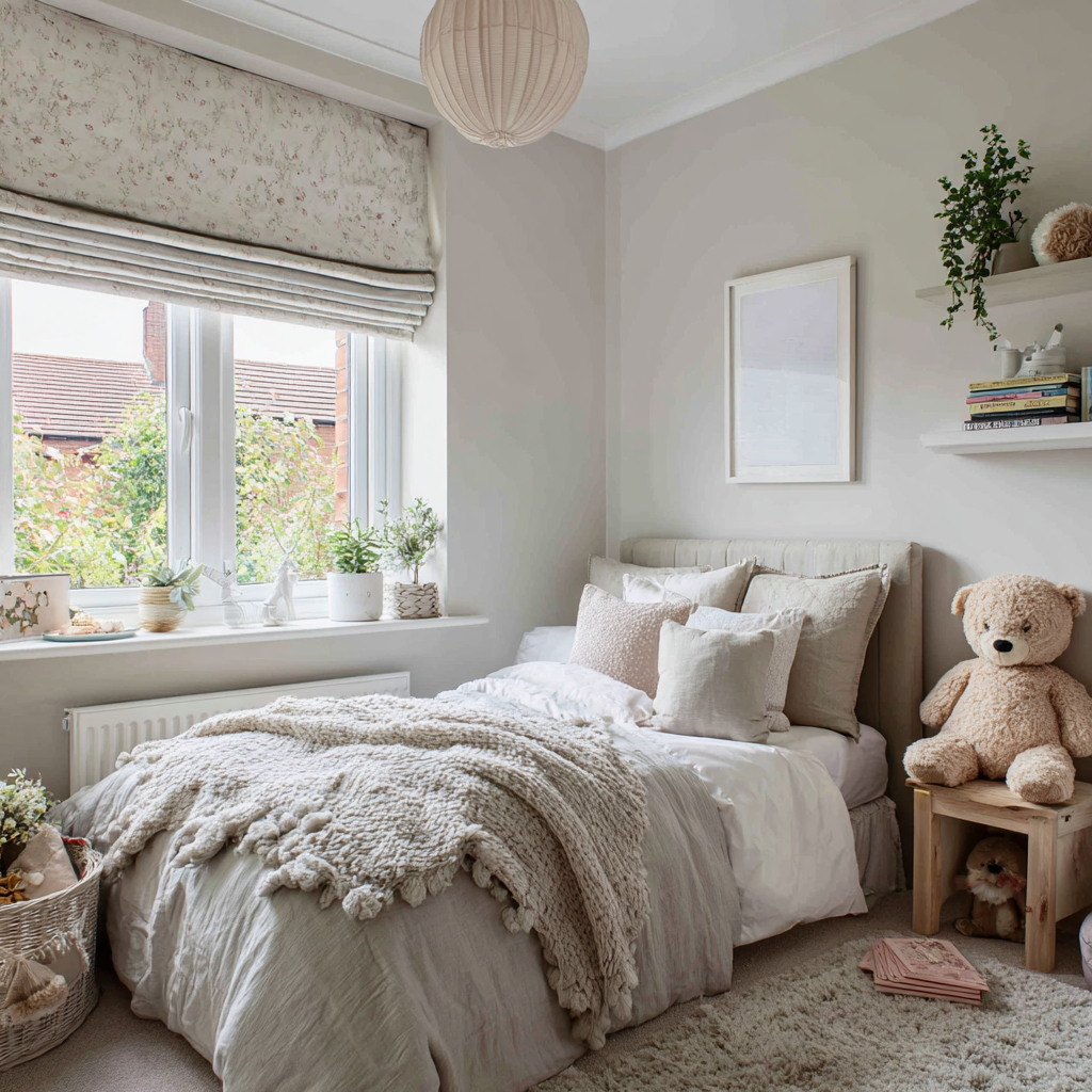 A cozy bedroom with a white bed, neutral-colored pillows, a knitted blanket, a large teddy bear on a wooden stool, plants, books, and soft lighting.