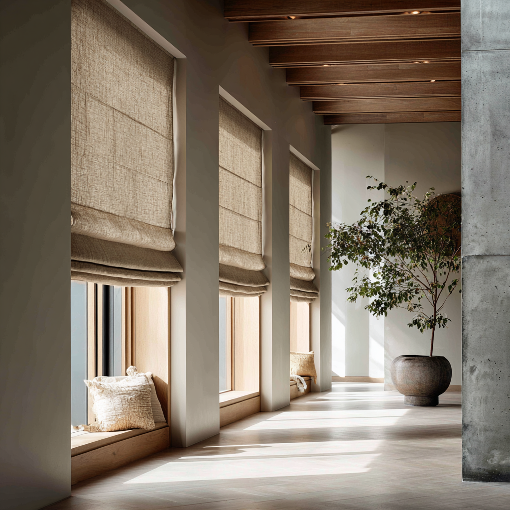 Sunlit interior with large windows featuring beige roman shades and window seats with textured pillows, wood-paneled ceiling, concrete wall, and a potted plant.