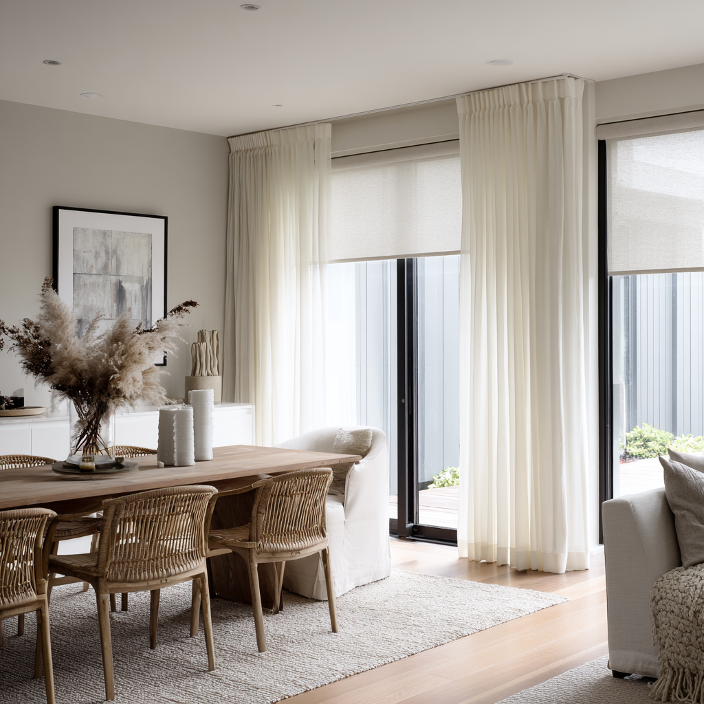 Bright living room with large sliding glass doors covered by cream curtains, wooden dining table with rattan chairs, and neutral-toned sofas, decorated with dried floral arrangement and artwork on the wall.