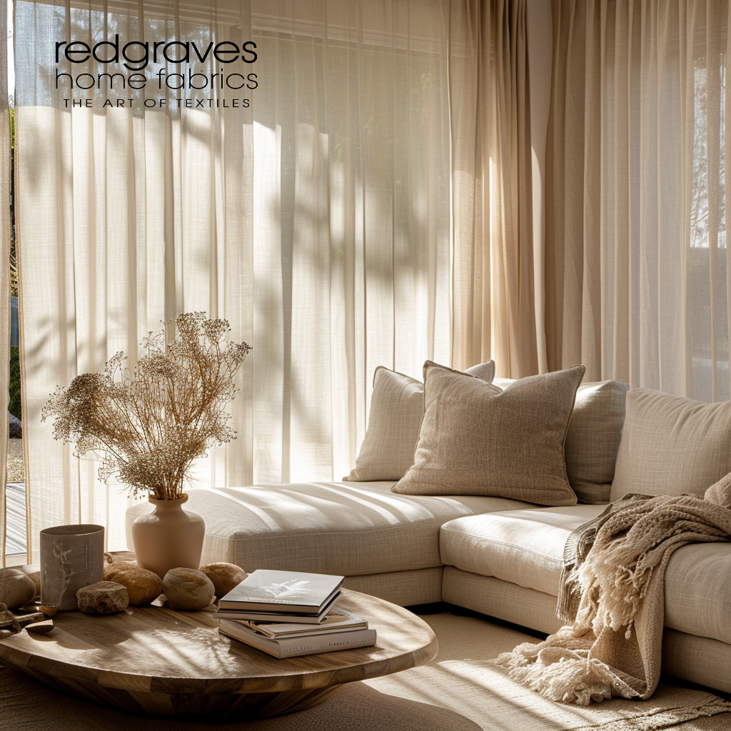 A cozy living room with a cream sofa, beige pillows, and a throw blanket, illuminated by sunlight through sheer curtains, with a wooden coffee table decorated with rocks, books, a candle, and a vase of dried flowers.