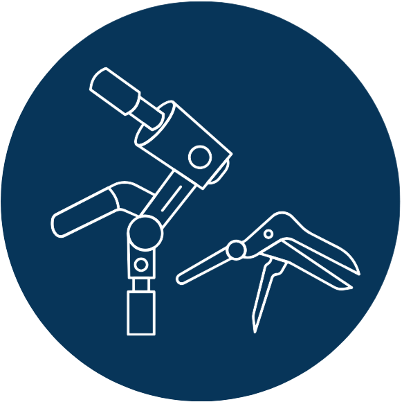 A navy circle containing a white outline of a colposcope and speculum