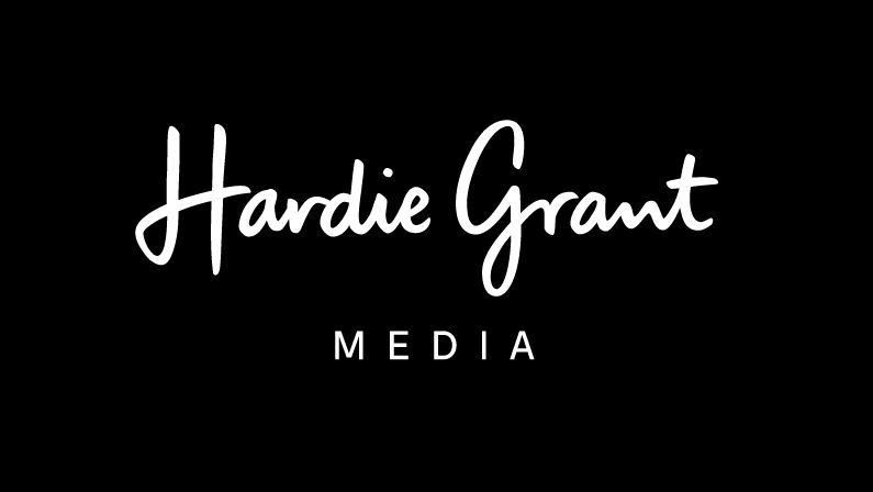 Hardie Grant Media logo with white handwritten font on black background