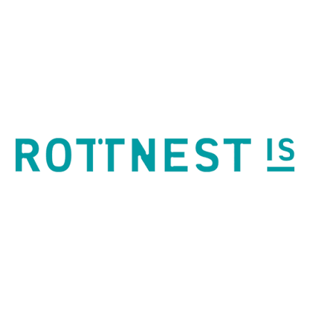 Text reading 'ROTNEST IS' in blue font on a white background, with the letter 'O' replaced by a star symbol.