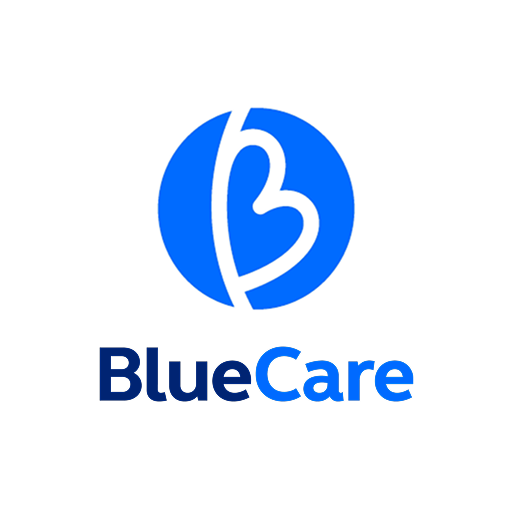 BlueCare logo with a stylized blue circle and a white heart-shaped line inside, accompanied by the text 'BlueCare' in dark blue and light blue.