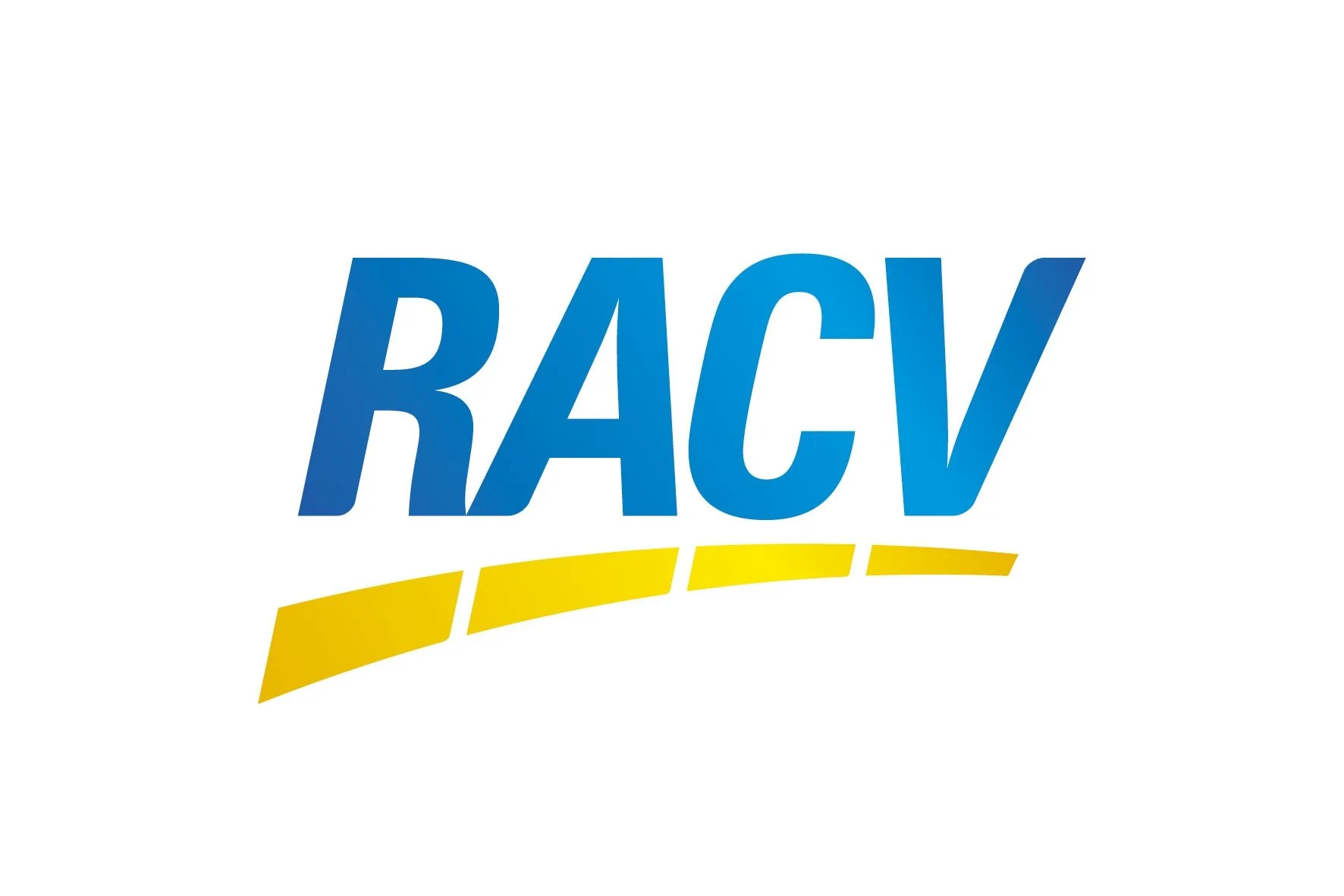 RACV logo in blue with a yellow curved underline on a white background.