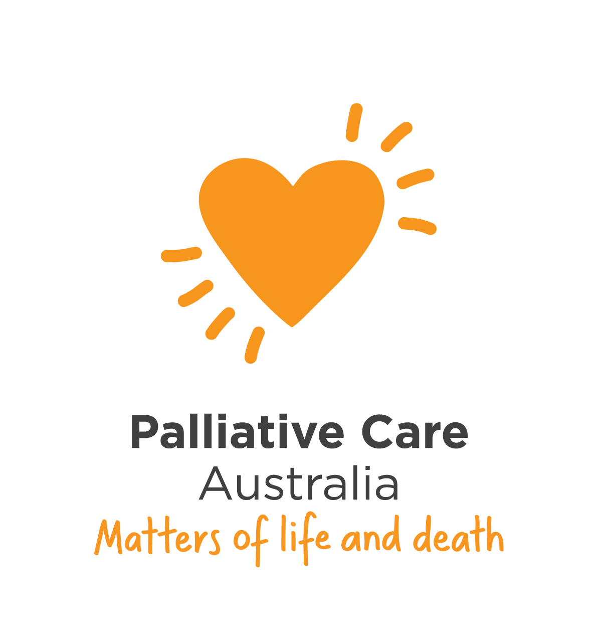 Orange heart with radiating lines above the text "Palliative Care Australia." Below, in smaller letters, it says "Matters of life and death."