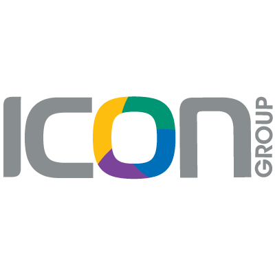 Logo for Icon Group with the word 'ICON' in gray, featuring a multicolored circular design in place of the 'O', and the word 'GROUP' written vertically to the right.