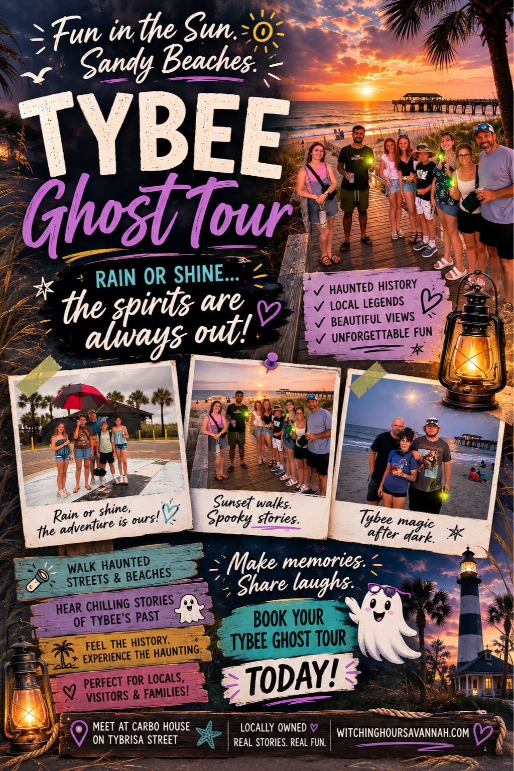 A promotional flyer for Tybee Ghost Tour at Sandy Beaches, featuring sunset over the ocean, a group of people on a pier, and images of groups at the beach and pier, with icons of lanterns, ghosts, and palm trees. Text highlights haunted history, local legends, and sunset walks.