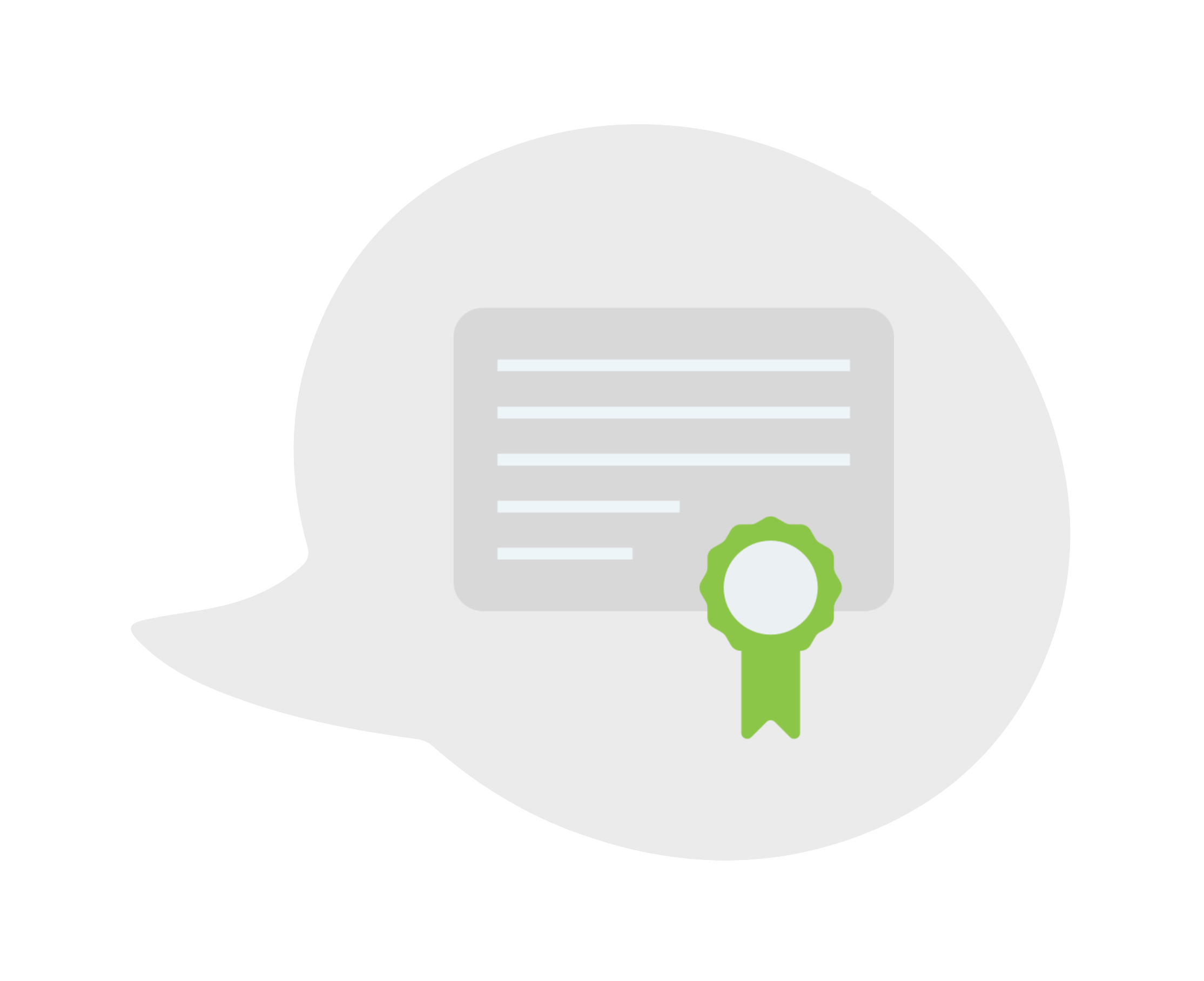 Speech bubble containing a certificate with a green ribbon badge.