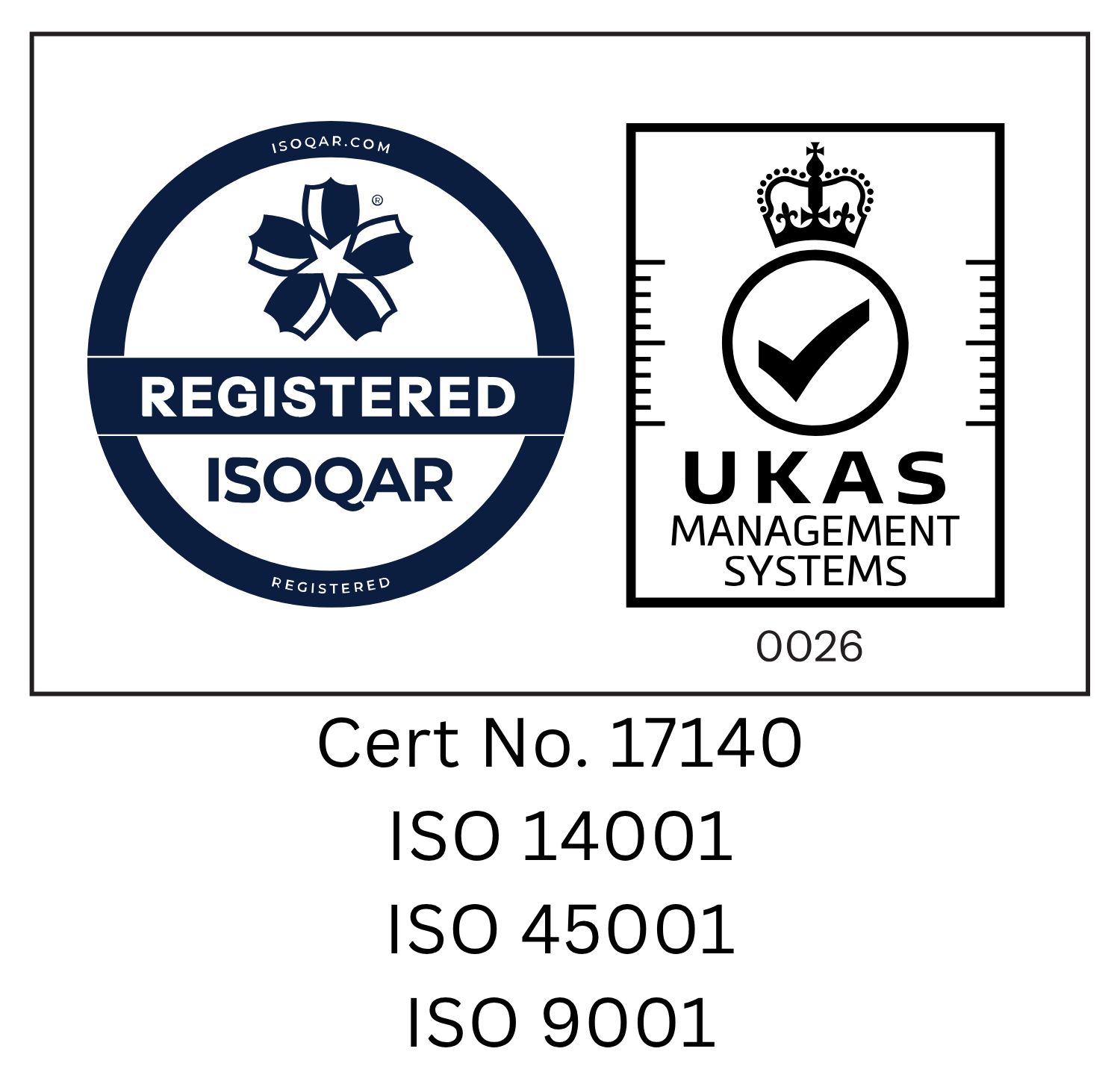 A black certification sticker with a blue and white design, featuring a flower-like logo and the text 'REGISTERED ISOQAR' on it. This indicates the company is ISO14001, ISO4001 and ISO45001 accredited.