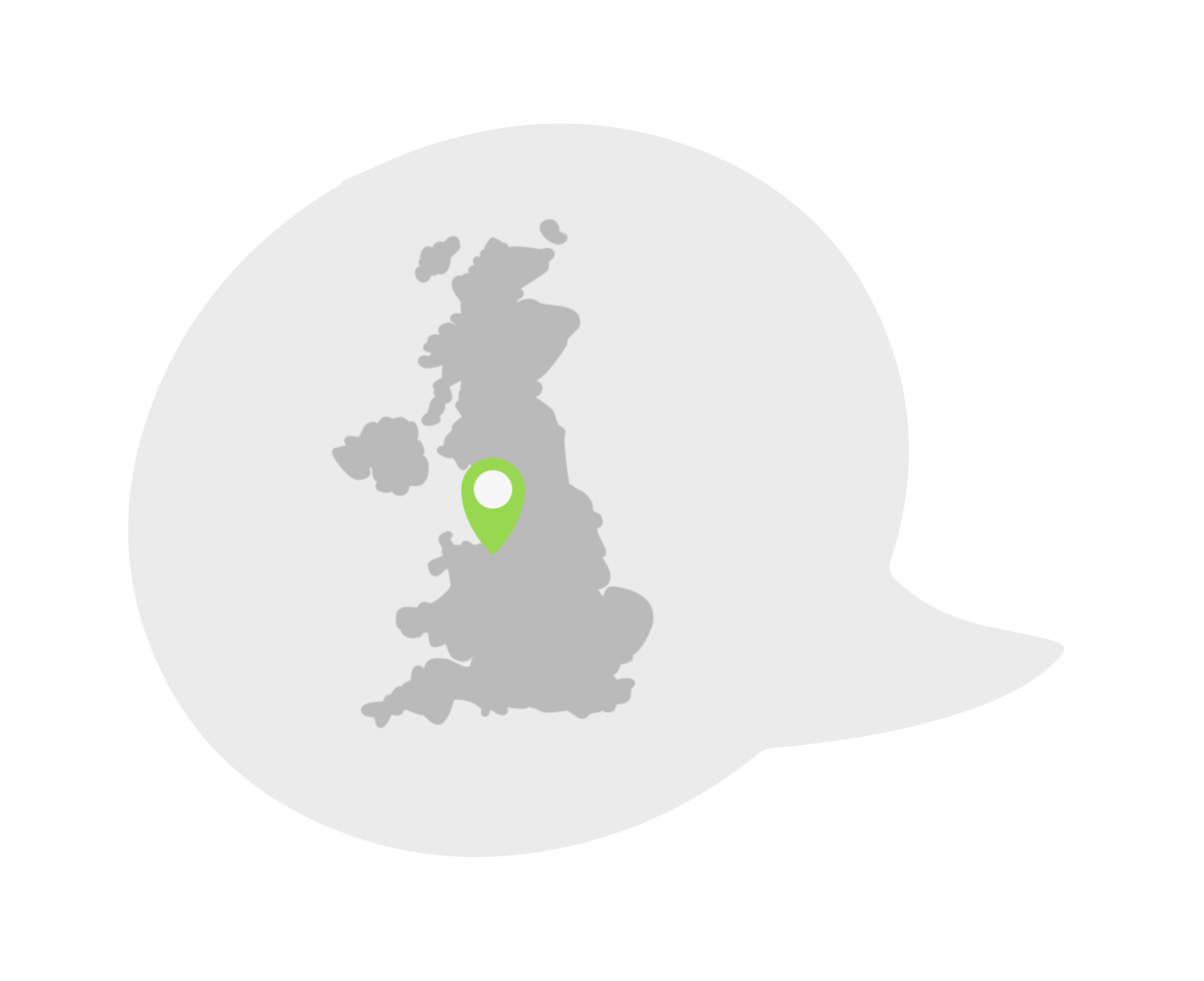 Map outline of the United Kingdom with a green location marker near the center