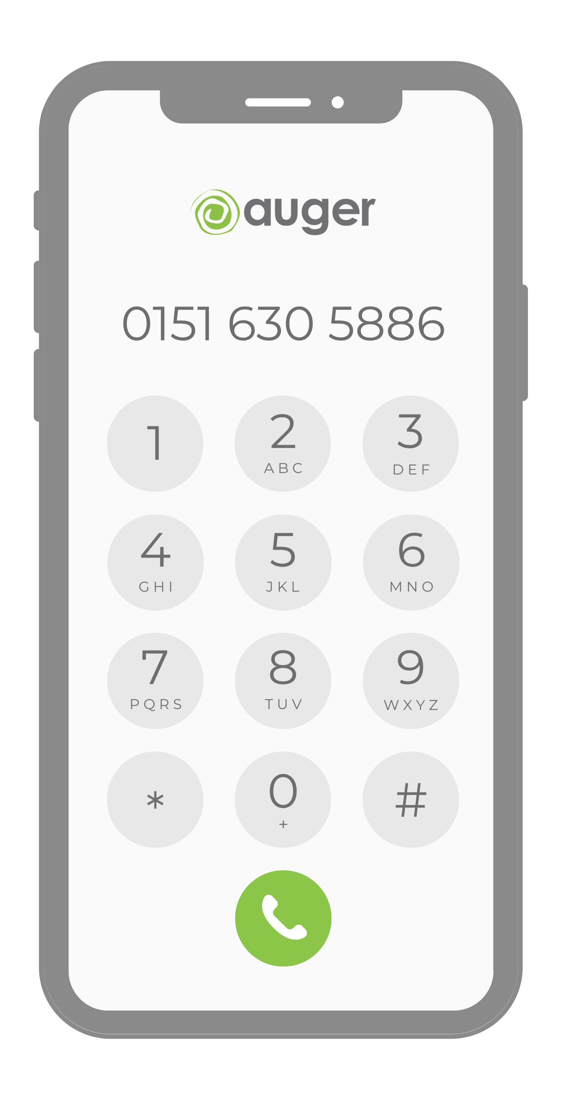 A smartphone screen displaying the Auger app logo, a phone number, and a dial pad with numbers and symbols, and a green call button at the bottom.