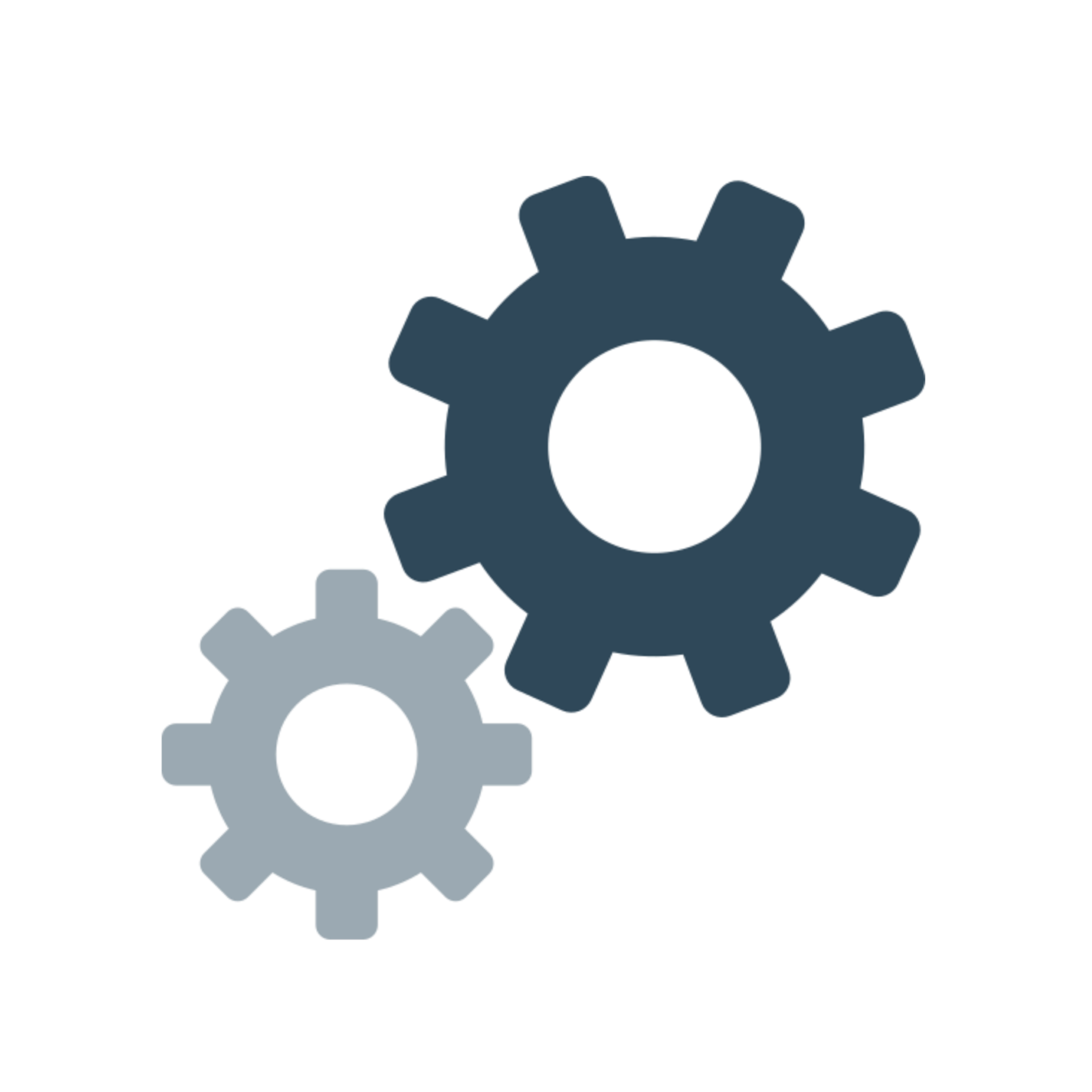 Two gears, one large dark blue and one small light gray, with a red arrow pointing to the large gear, indicating process or machinery automation.