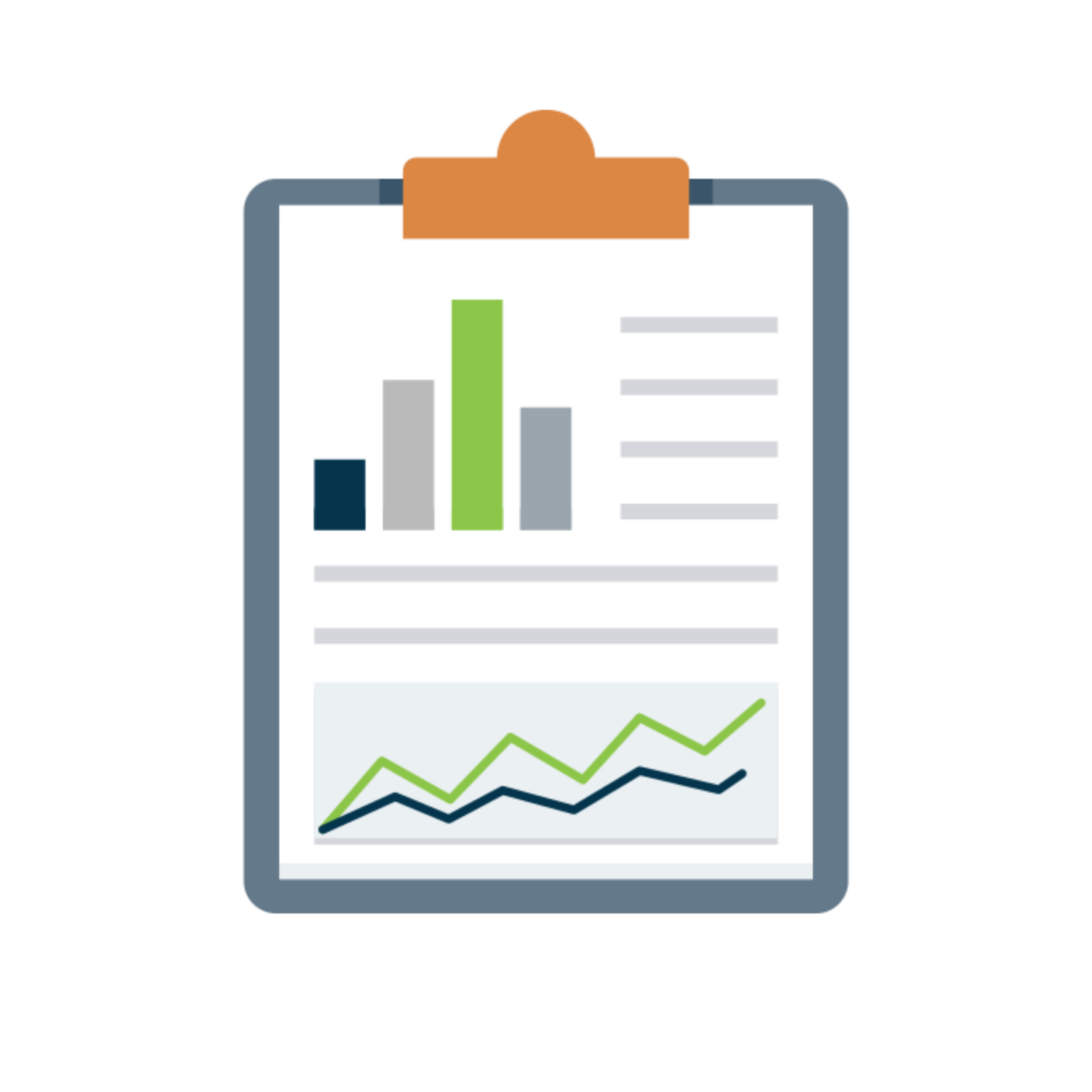 A clipboard with a report showing bar graphs and line charts in green, blue, and gray colors, indicating data analysis or statistics.