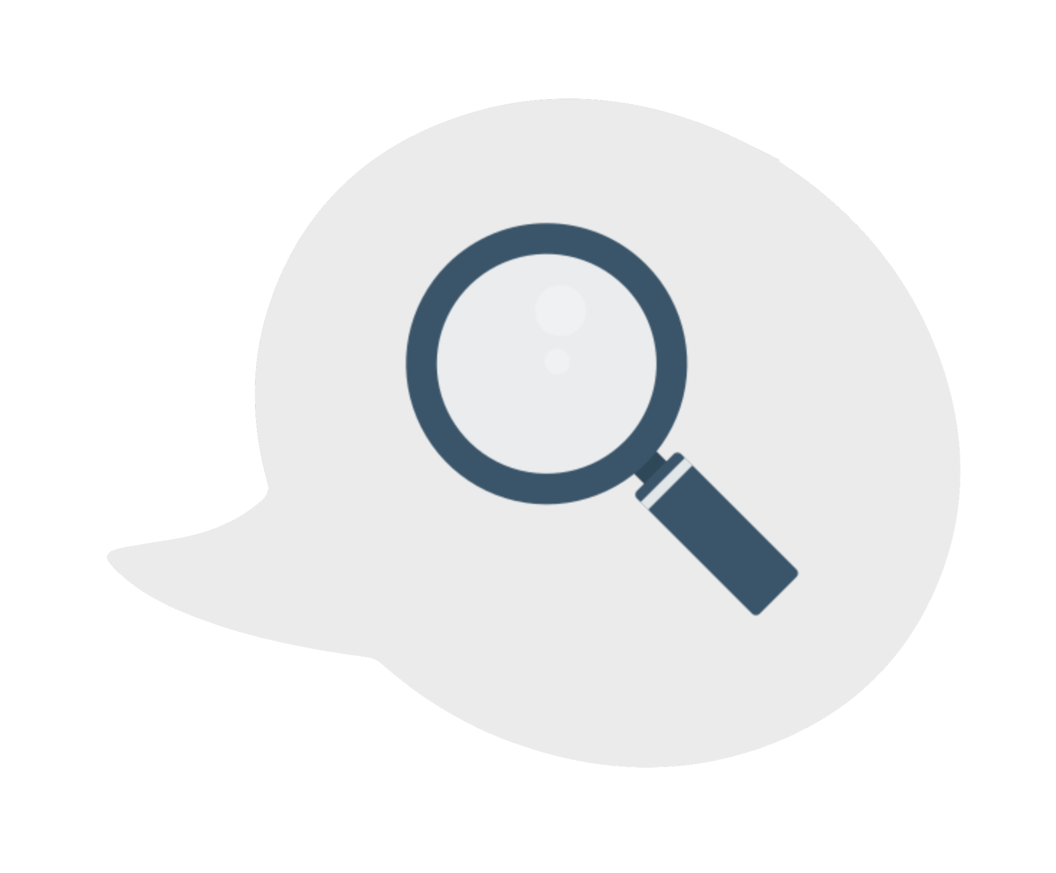 White speech bubble with a magnifying glass icon inside.