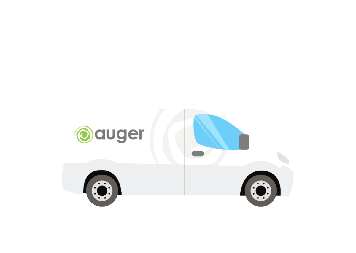 A white delivery van with the 'auger' logo on the side, featuring a green spiral icon and gray text, has blue-tinted windows, black tires with gray hubcaps, and a gray door handle.