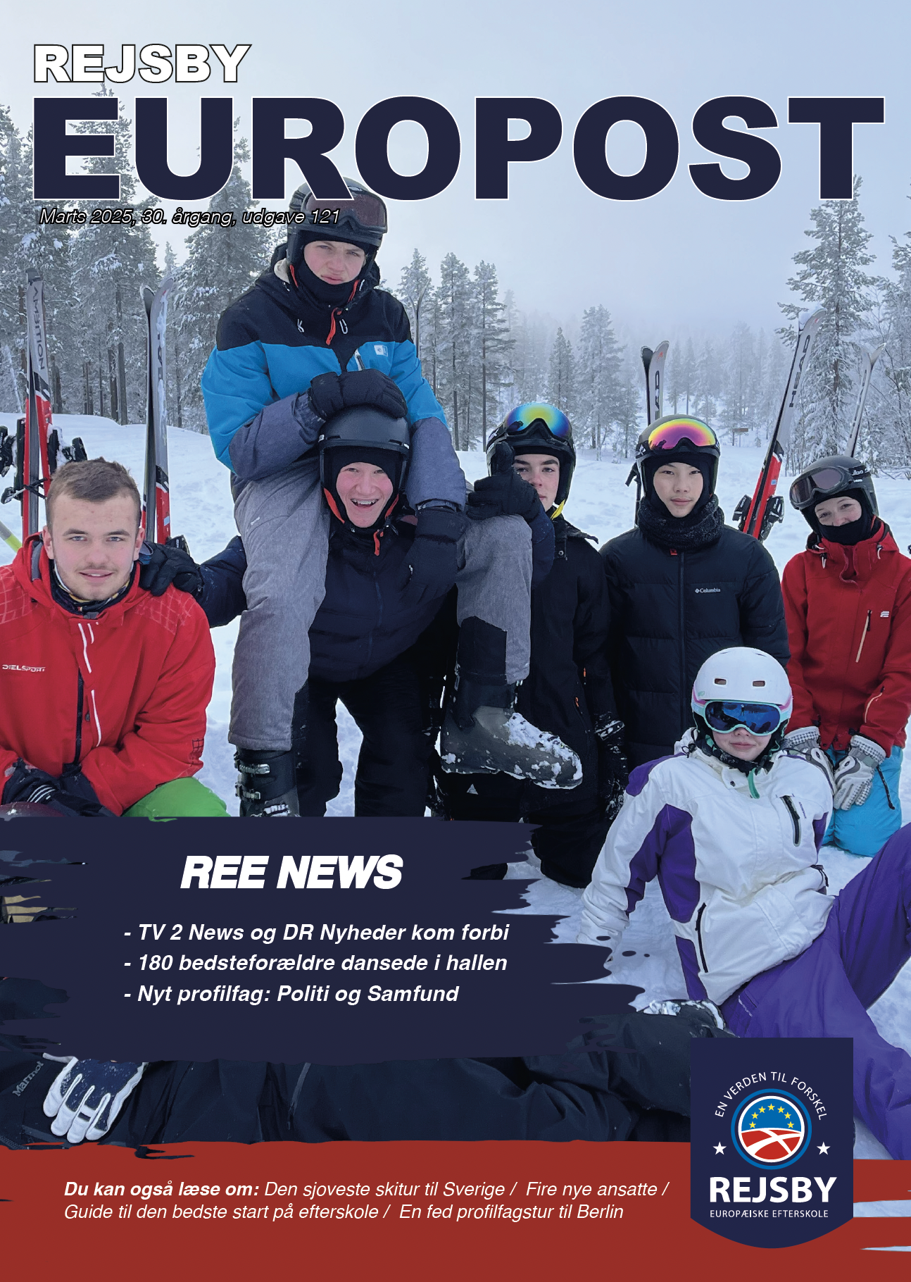 Forside på avisen Rejsby Europost med en gruppe unge i snowboard og skiudstyr på sneklædt terræn.