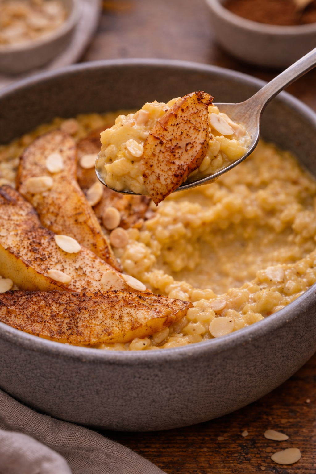 Close-up of creamy turmeric rice pudding with cinnamon pear, showing soft texture and comforting consistency