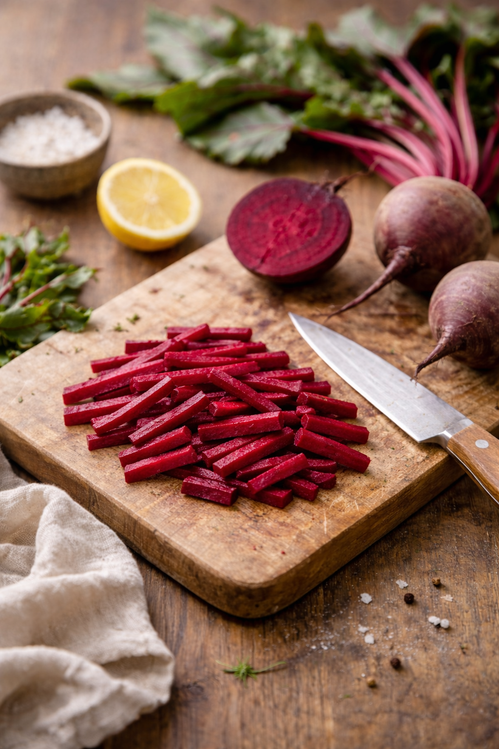 Thinly sliced beetroot prepared for soup, traditionally used to support liver health, blood flow and iron intake.