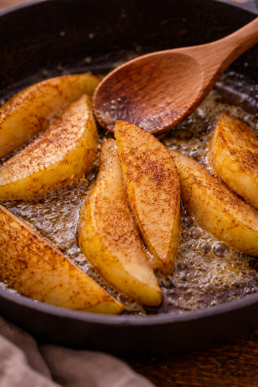 Pears baking in ghee with cinnamon, a warm and digestible topping for rice pudding and oats