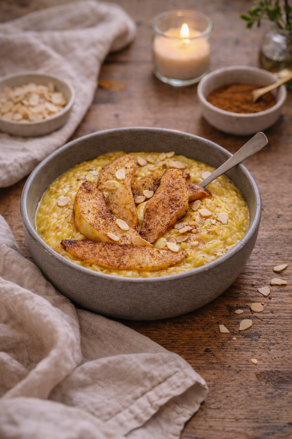 Turmeric rice pudding with cinnamon baked pear, a warm and nourishing recipe for the menstrual and postpartum phase