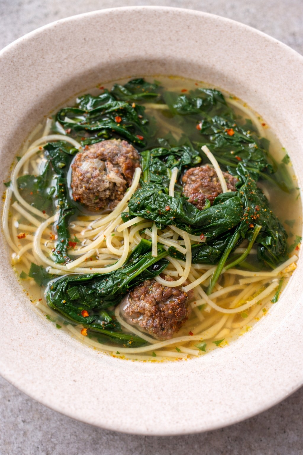 Juicy beef meatballs in a light broth with spinach and vermicelli, an iron-rich and hormone-supportive meal for women during menstruation