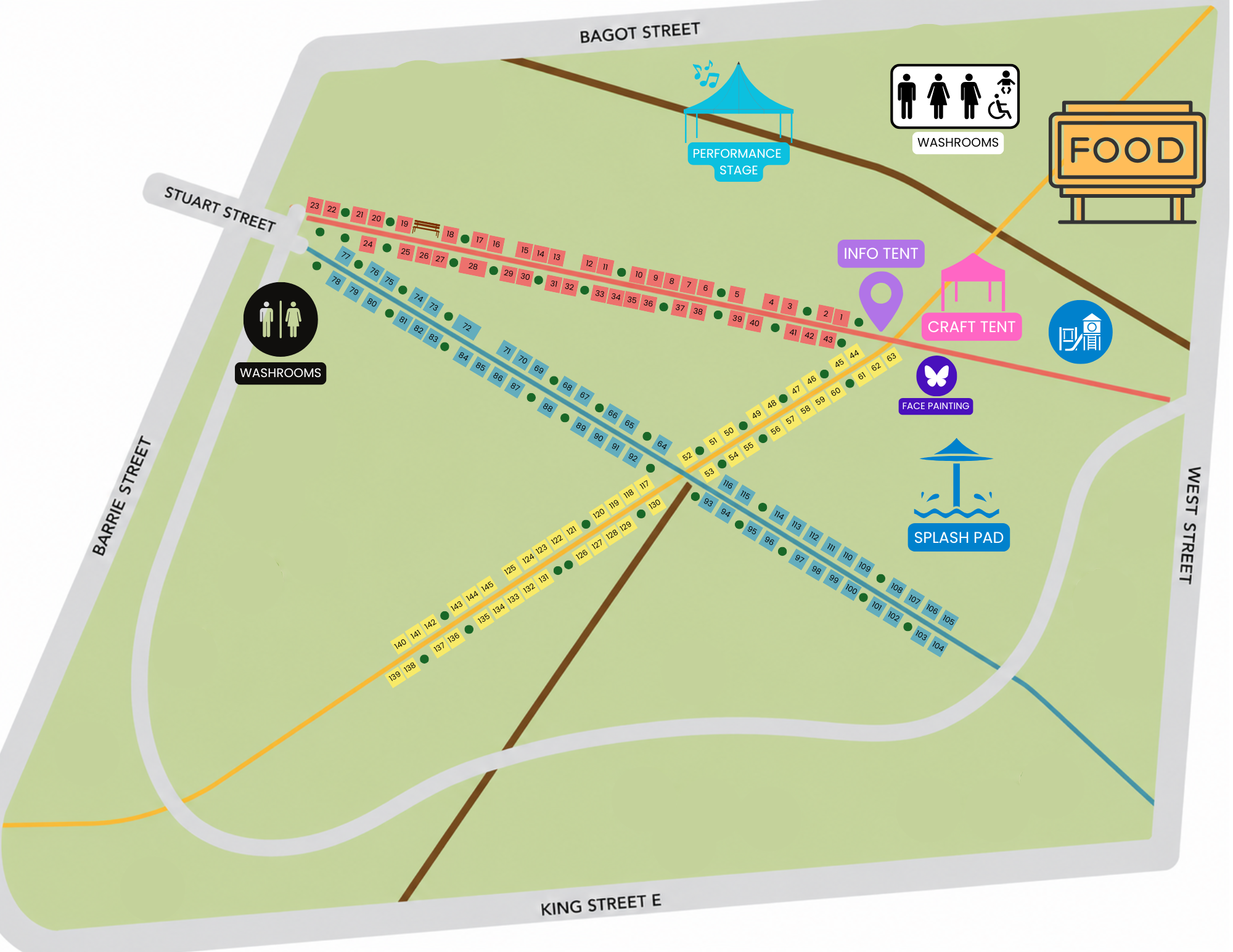 Women's Art Festival map showing vendor booths, food and drink, performance stage, info tent and activities.