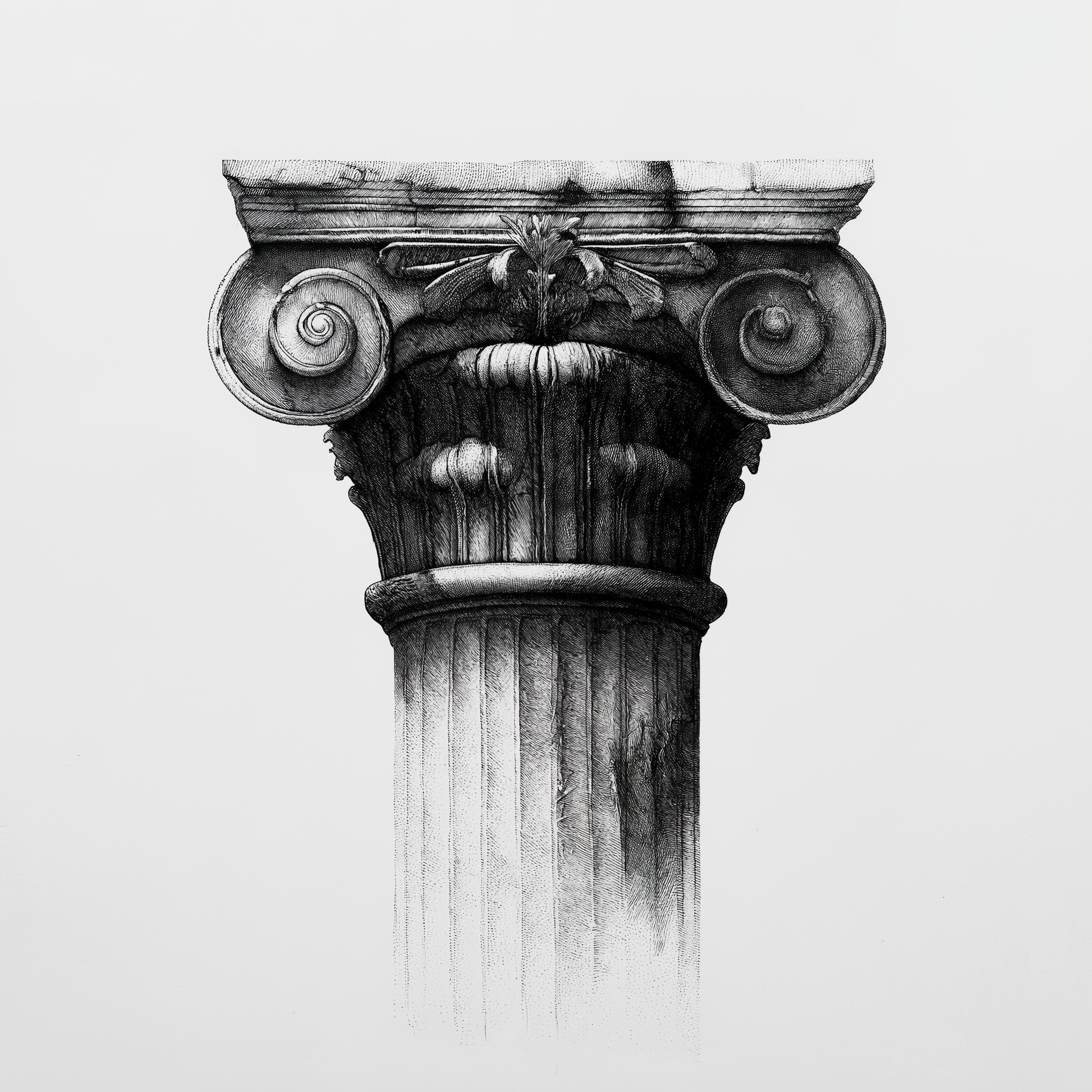 Black and white drawing of an ancient Ionic column capital with pine cone ornament