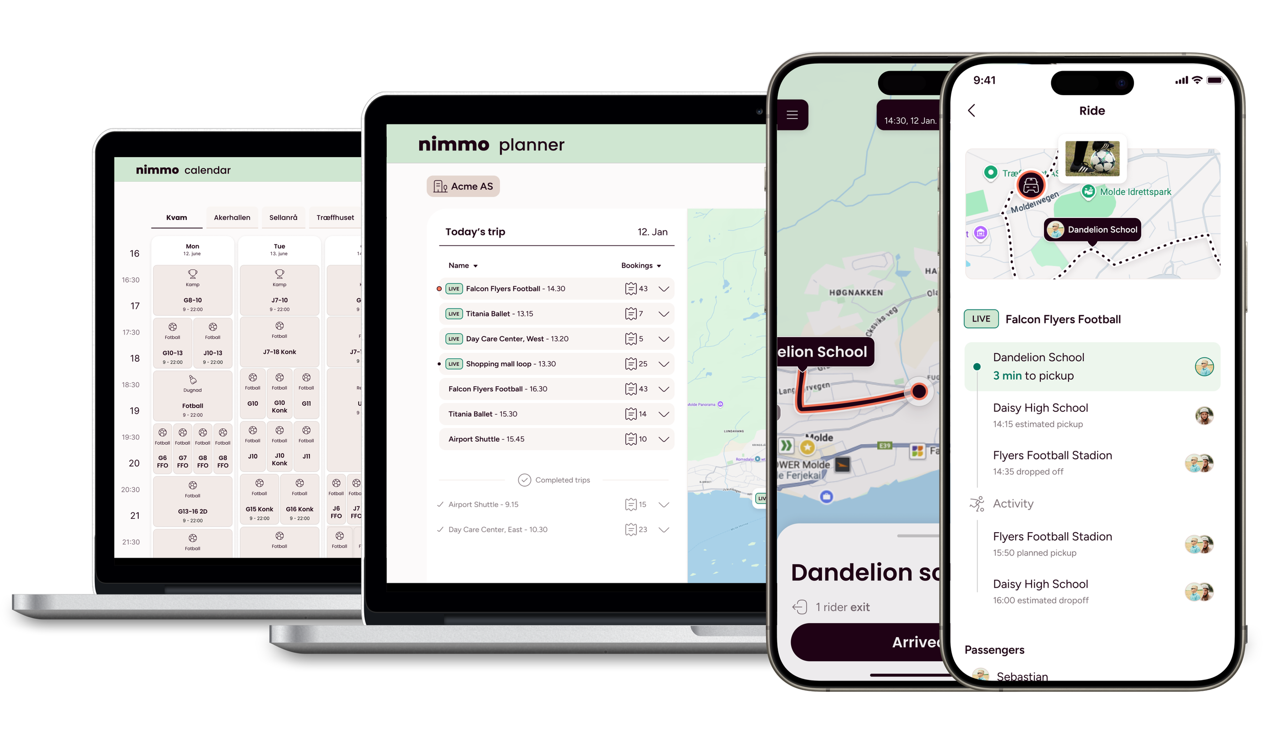 Nivero produktøkosystem med kalender, planlegger, sjåførapp og reiseapp