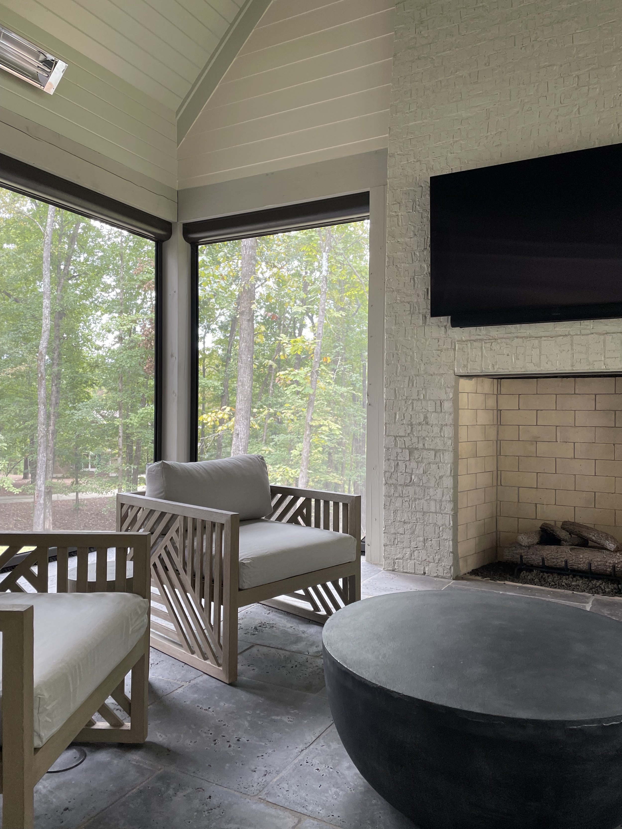 Rachael Bell Interior Design Madison Georgia Screened Porch Fireplace