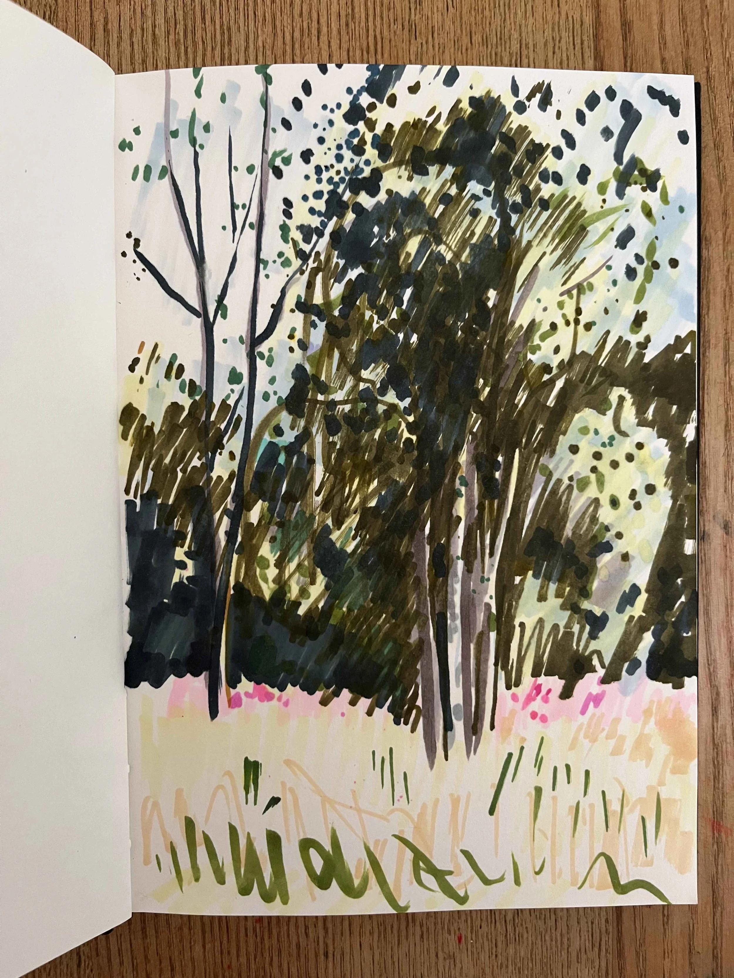 Felt-tip pen sketch of Birch trees swaying in the wind in a Swedish meadow