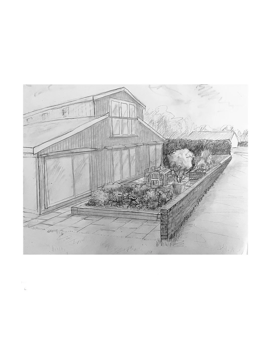 Terrace garden concept sketch for a newly built architect designed home with a large south-facing patio.  This location in Cambridgeshire like many parts of south east England, has low rainfall. These local conditions have influenced the design and p